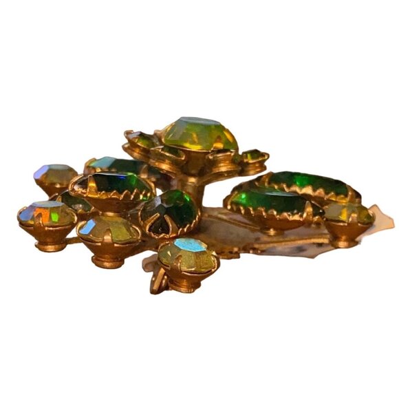Vintage Green & Yellow Rhinestone Tri-Petaled Brooch - Picture 6 of 6